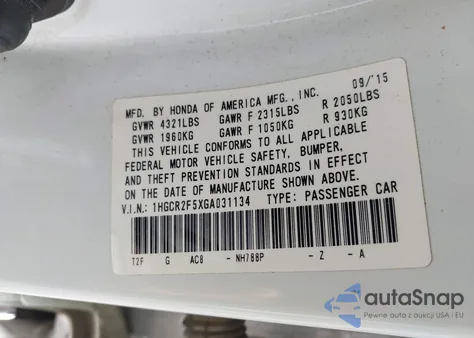 2016 Honda Accord Sport from USA, damaged, VIN 1HGCR2F5XGA031134